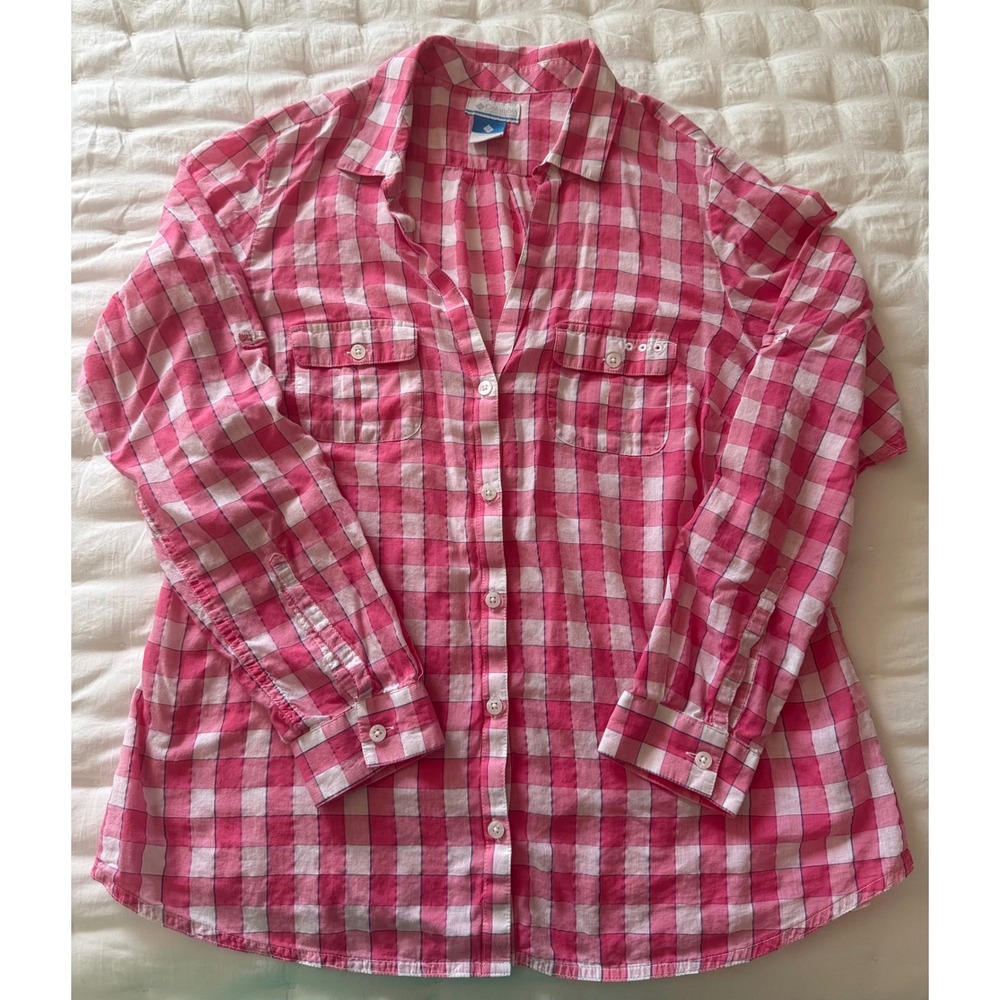 Columbia PFG Pink Plaid Button Down Fishing Shirt Womens Large Long Sleeve